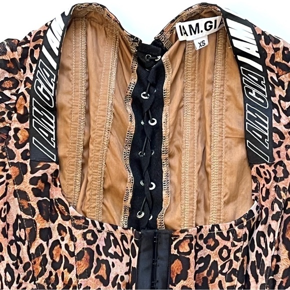 I.AM.GIA Long Sleeve Chelsea Leopard Corset Top XS Lace Up Back Ruched Sleeves - Picture 6 of 11